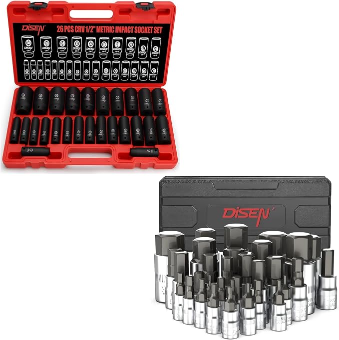 DISEN 32-Piece HEX Bit Socket Set & DISEN 26 Pcs Metric 1/2" Impact Socket Set