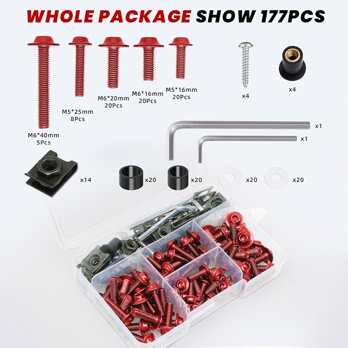 177Pcs Motorcycle Fairing Bolt Kit Red, M5 M6 Stainless Steel Windscreen Screws Fastener Clips Universal Fit for Kawasaki Suzuki Honda Yamaha BMW Ducati GSXR Sportbike Motorcycle