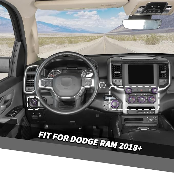 Jimen for Ram Center Console Knob Covers, 7PCS AC Air Conditioner Audio Volume Button & Headlight Switch & 4WD Shifter Knob Ring Trim Fit for Dodge Ram 2018-2025 (Purple)