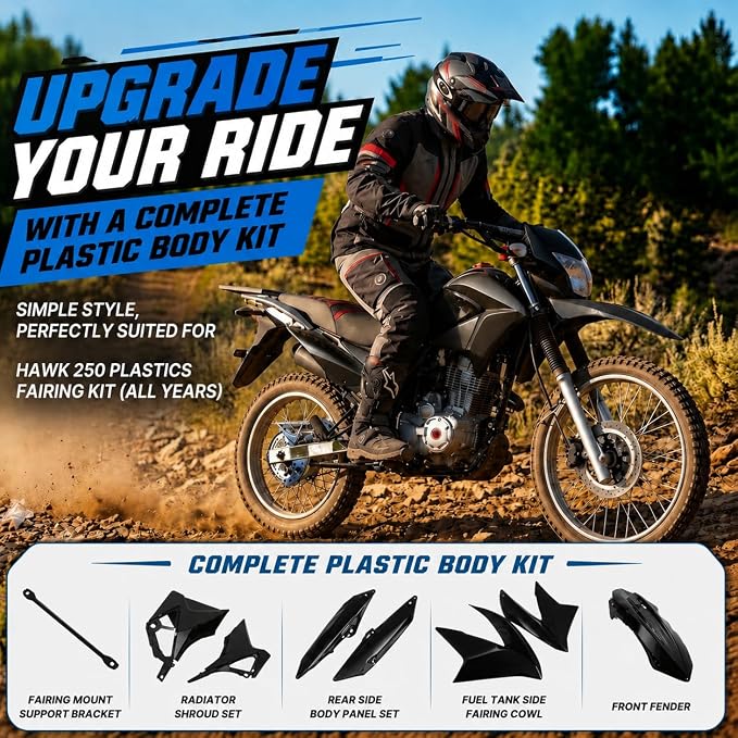Hawk 250 Plastics Fairing Kit (All Years) - Premium PP Dirt Bike Bodywork Replacement with Fenders & Tank Guards - OEM Fitment Black