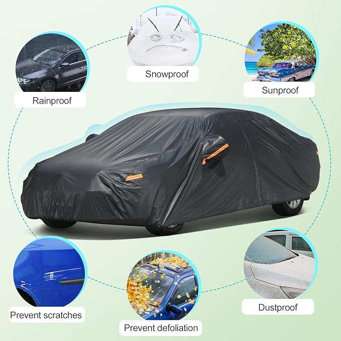 SEAZEN 7 Layers Car Cover Waterproof All Weather, Heavy Duty Car Cover for Automobiles with Zipper Full Exterior Cover Outdoor UV Snow Wind Protection, Universal Full Car Cover for Sedan Up to 200"