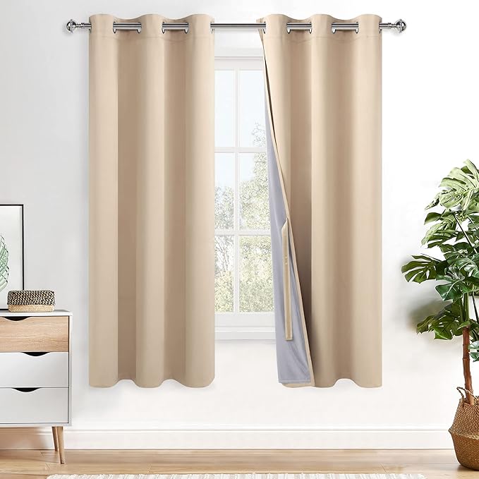 XWZO 100% Blackout Curtains 63 Inches Long - Thermal Insulated & Completely Room Darkening Black Liner Window Treatment with Tiebacks for Bedroom/Living Room, Biscotti Beige, W38 x L63, Set of 2