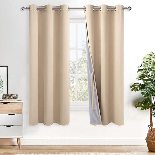 XWZO 100% Blackout Curtains 63 Inches Long - Thermal Insulated & Completely Room Darkening Black Liner Window Treatment with Tiebacks for Bedroom/Living Room, Biscotti Beige, W38 x L63, Set of 2