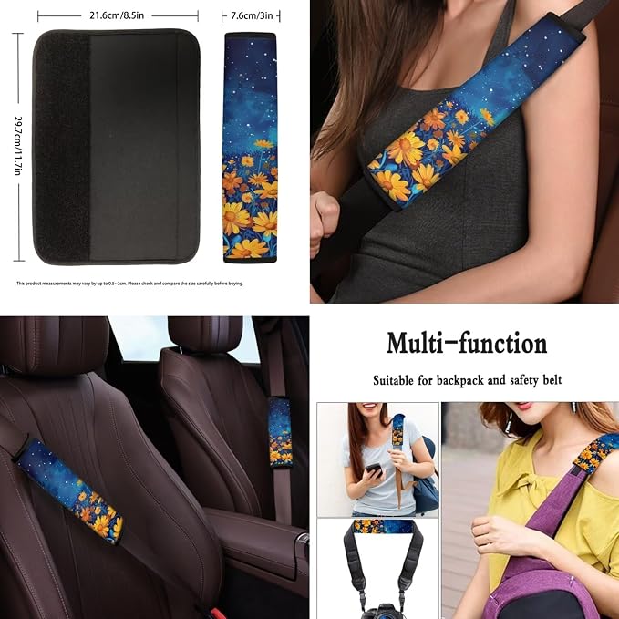 POLERO Galaxy Floral Car Seat Covers Womens Floral Steering Wheel Cover Set 11Pcs Aesthetic Car Interior Accessories with Cute Keyrings