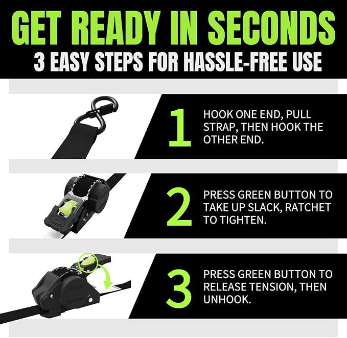 Retractable Ratchet Straps, 4-Pack, 1 Inch x 12 Feet Heavy Duty Tie Downs, 1760lb Break Strength, Self Retracting for Truck, Cargo, Trailer, Motorcycle, ATV, UTV (Black-Green, 8pack)