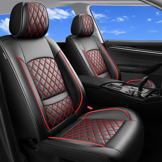 Fit Fusion Car Seat Covers for Ford Fusion 2007-2020 - Luxury Leather, Anti-Slip, All-Weather Seat Cushions, Waterproof & Breathable, Airbag Compatible, Full 5-Seat Set (Black&Red)