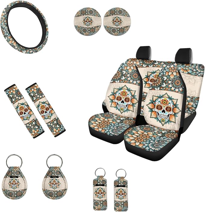 INSTANTARTS Dahlia Skull Car Seat Cover Set - 13 Pieces, Including Belt, Key Fob, Lipstick, Steering Wheel, and Coaster Covers