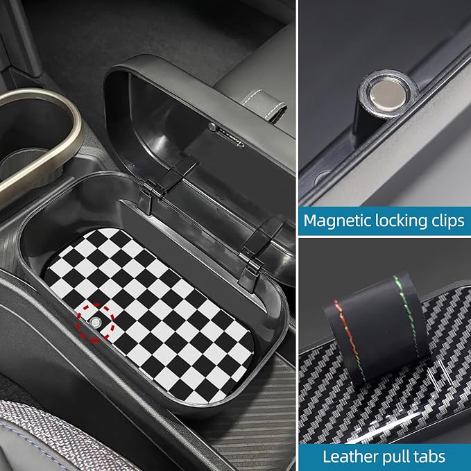 FDAIUN Center Console Storage Box + Leather Mat for 2024-2025 BMW Mini Cooper F65 F66 Car Storage Accessories 2Pcs (Checker)
