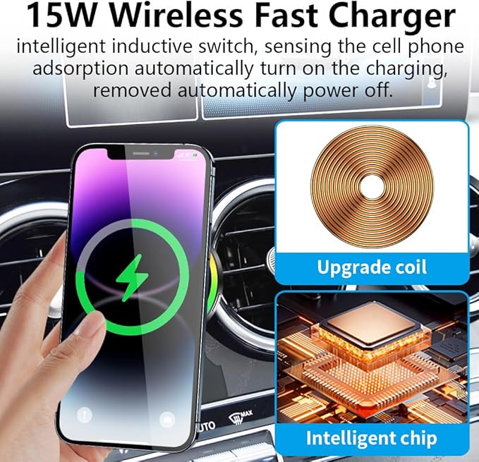 Car Magnetic Phone Mount for Mercedes Benz C-Class 2015-2018 and GLC Class 2015-2019 Auto Interior Accessories Best Cellphone Holder Fast 15W Wireless Charger Cell Phones Charging Screen Stand