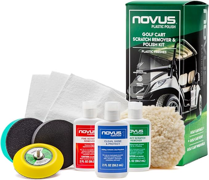 Novus Plastic Polish | Golf Cart Maintenance Kit | Includes Plastic Polish #3#2#1-2 Ounces Each, 2 Buffing Pads, Backing Drill Attachment, 3" Wool Pad, 3 Disposable Wipes