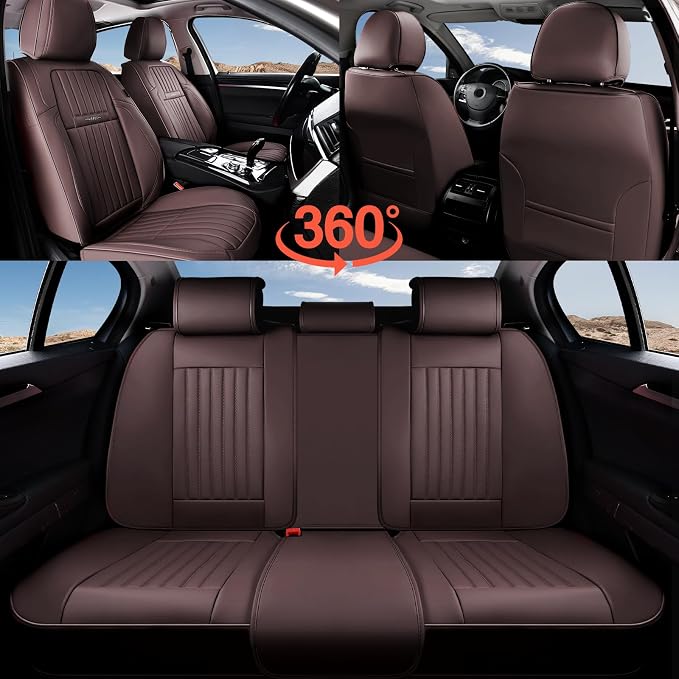 Coverado Car Seat Covers Full Set, Seat Covers for Cars, Car Seat Cover, Car Seat Protector, Leather Car Seat Cushion, Waterproof Car Seat Covers Front Seats and Back Fit for Most Cars(Coffee)