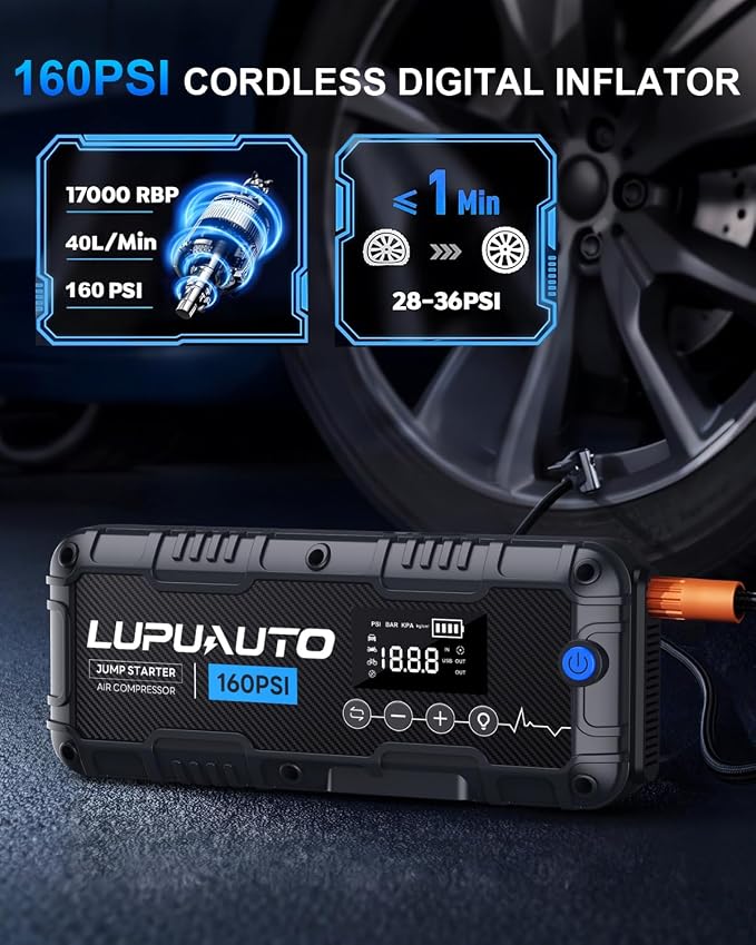 4000A Jump Starter with 160PSI Air Compressor 12V Battery Booster LED Pack | 10L Gas/8.5L Diesel, Low Voltage Forced Start, Automatic Inflation Presets, Heavy-Duty Safety Clamps