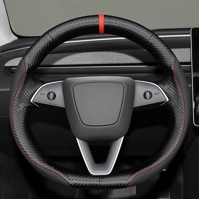 MEWANT Hand Stitch Black Matte PU Carbon Fiber Faux Leather Steering Wheel Cover for Tesla Model 3 Highland 2024-2026 Model Y Juniper 2025-2026