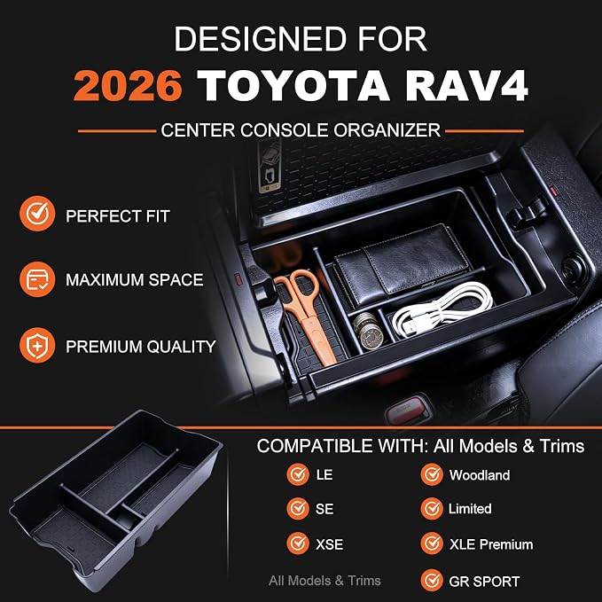 Center Console Organizer Tray Compatible with 2026 Toyota RAV4 Armrest Storage Box Insert Storage Tray ABS Material, 6th Gen Hybrid&Plug-in Hybrid Interior Accessories