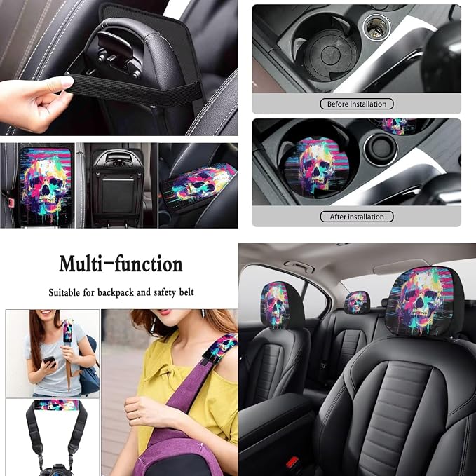 Skull Print Seat Cover Full Set for Cars American Flag Print Front and Rear Split Bench Seat Covers+Steering Wheel Cover+Seatbelt Pads+Headrest Covers+Center Console Pad for SUV Truck etc