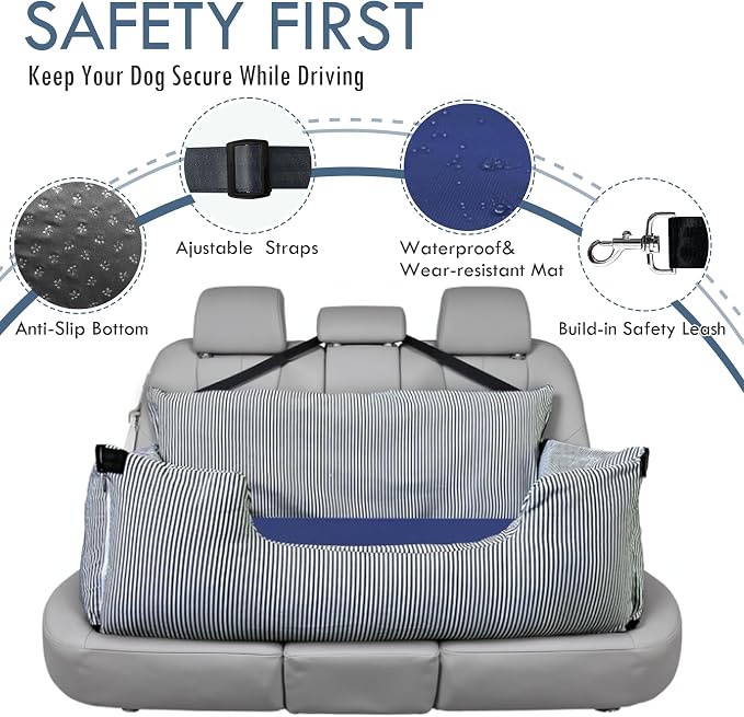 Dog Car Seat for Large Dogs,Dog Booster Seat Under 80lbs or 2 Small Dogs, Detachable Pet Seat with Safety Belt, Non-Slip Base, and Storage Pockets for Car Travel