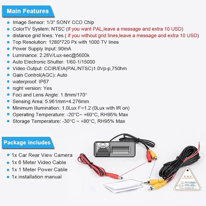HD 1280Pixels IP68 170° Auto License Plate Light Rear View Reversing Backup Camera Parking Aids Compatible with Toyota Prado/Subaru Outback Wagon WRX Sedan Forester Tribeca SG MK2 SH MK3/Impreza Hatch