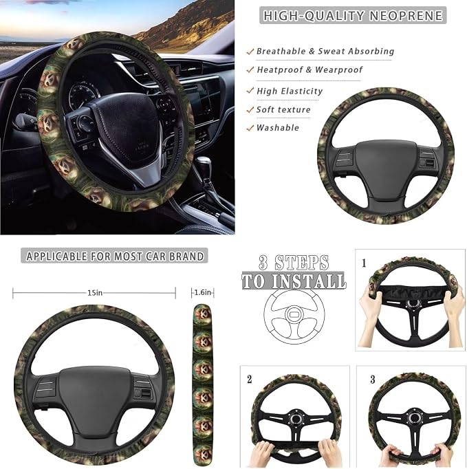 Suobstales Cute Sloth Print Car Seat Covers Full Set for Women Girly Seat Cover Protector Auto Decorative with Steering Wheel Cover +Seat Belt Covers +Coasters +Keychains