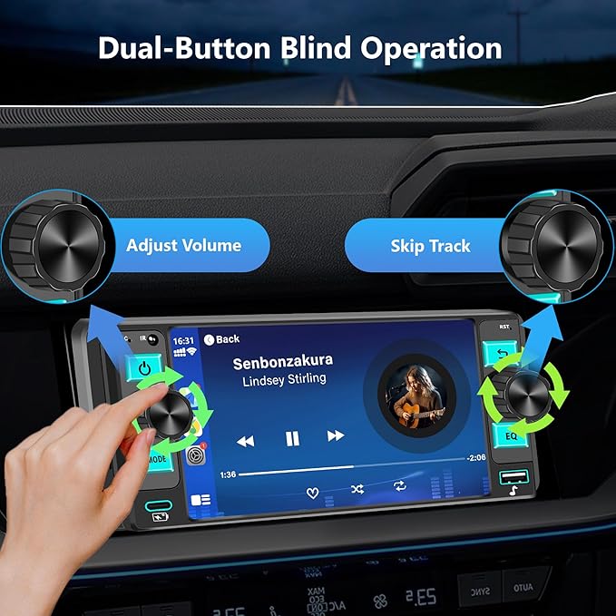Single Din Car Stereo – Dual Knob Touchscreen Radio with Wireless Apple CarPlay & Android Auto Upgrade Your Classic Car with Easy Installation, Backup Camera Ready, Bluetooth, GPS, FM/AM, USB, EQ