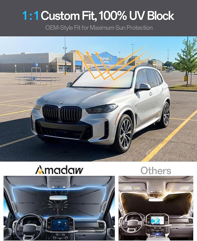 Windshield Sun Shade for BMW X5 2000–2026, Foldable Umbrella Sunshade with 100% UV Block, Multi-Layer Heat Insulation, Reinforced 10-Rib Frame, Keeps Car Cooler, Summer Car Accessory