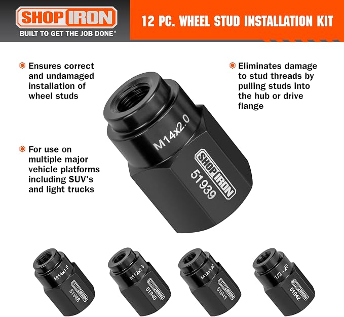 Shop Iron 51937 12-Piece Wheel Stud Installation and Rethread Kit, For use with 1/2-20", M12 x 1.25, M12 x 1.5, M14 x 1.5, & M14 x 2.0 Button Head Wheel Studs