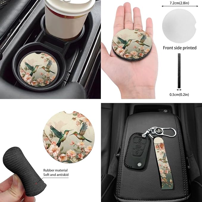 Hummingbird Vintage Flower Automotive Seat Covers Accessory 14pack Hummingbirds Car Seats Full Set with Steering Wheel Cover Shoulder Seatbelt Pads Vehicle Cup Pad,Interior Mirror Covers