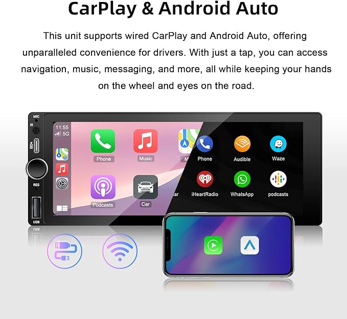 【Type-C&USB】 Single-Din-Car-Radio with Wireless-Apple-Carplay & Android-Auto,Carplay Screen for Car,6.86 Inch Touchscreen,Bluetooth Handsfree, Backup Camera, FM Radio