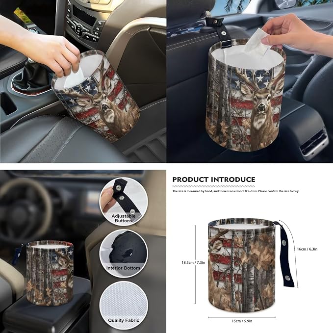 15 Pcs American Flag Deer Car Seat Covers Full Set for Women Cute Car Accessories Interior Car Steering Wheel Cover Seatbelt Covers Trash Bin Rear View Mirror Cover Cup Holders Keychain