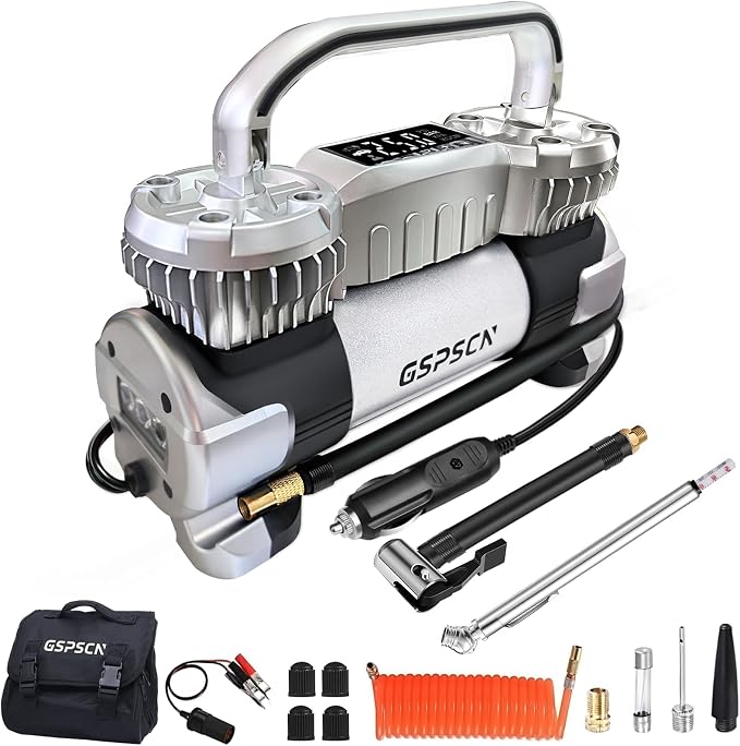 GSPSCN Digital Tire Inflator 12V Heavy Duty Metal Portable Air Compressor | 6X Faster Inflation Auto Shut-off Dual Cylinder Air Pump 150PSI LED Light w/Pencil Pressure Gauge for Car,Pickup,SUV,RV,Balls