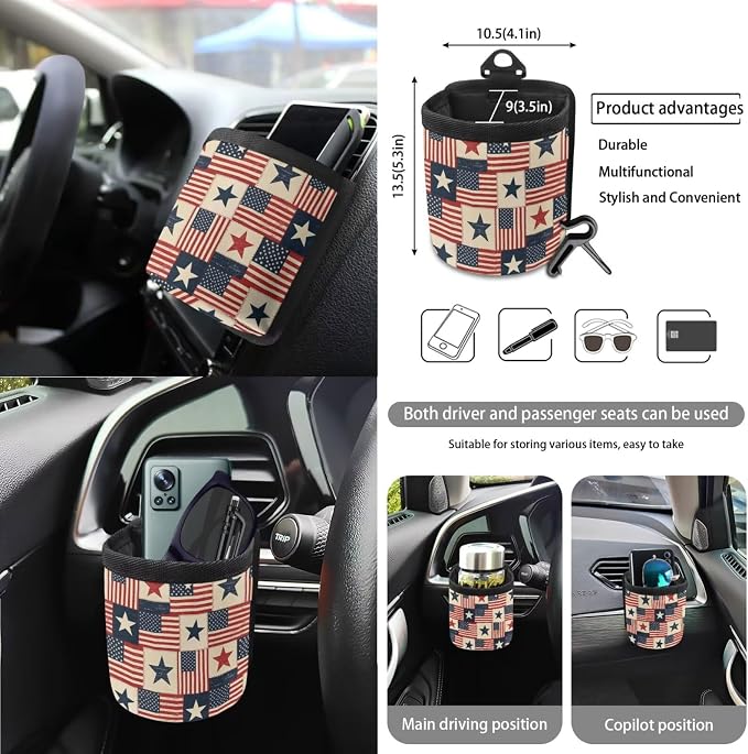 Wanyint Car Seat Cover Set 15 Pack, with Steering Wheel Seat Belt Strap Rearview Mirror Cover Garbage Cans Air Vent Pouch Coasters Keychain July 4th Patriotic Auto Decor, Vintage US Flag Patchwork