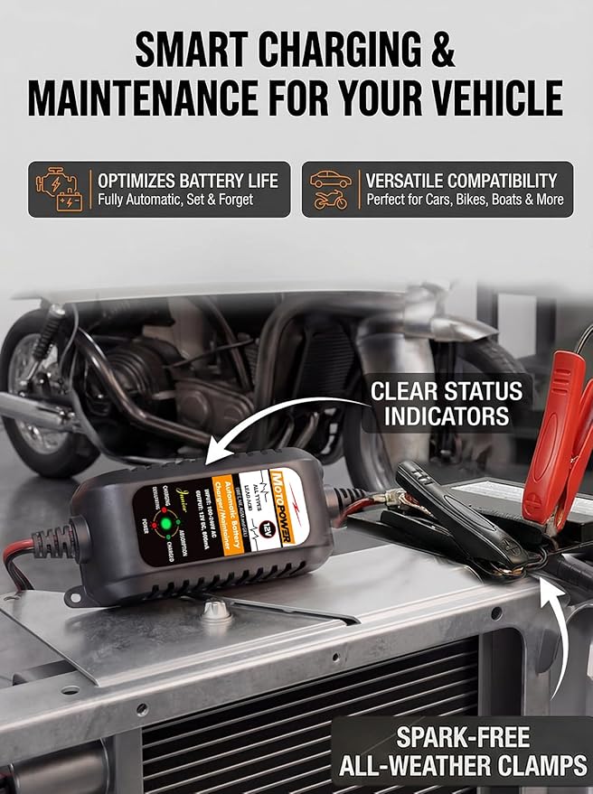 MOTOPOWER MP00205A 12V 800mA Automatic Battery Charger, Maintainer, Trickle and Desulfator