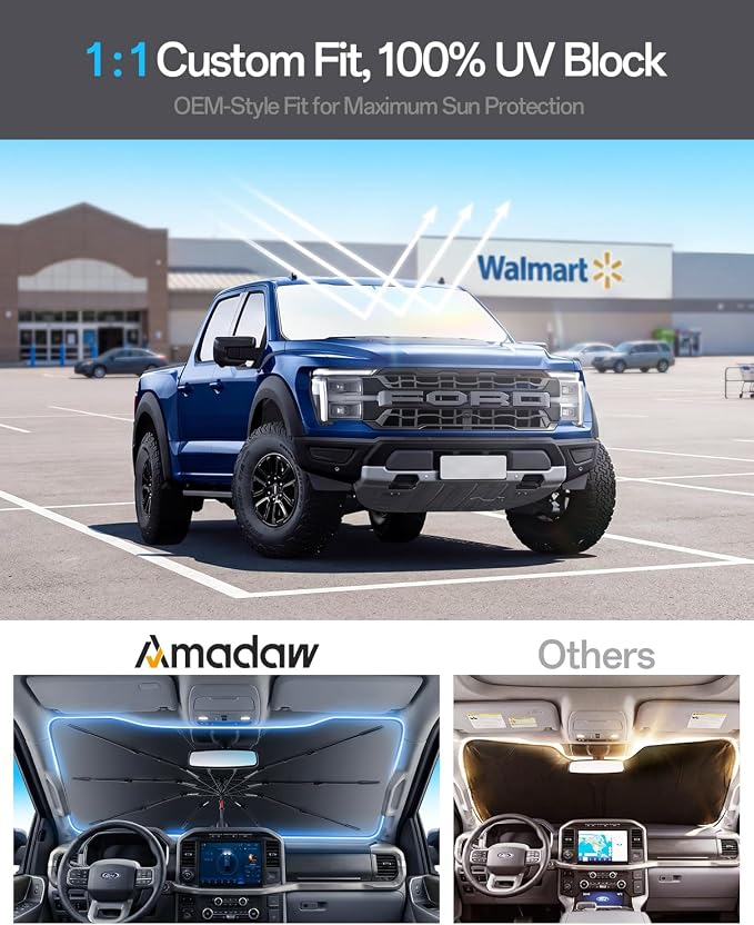 Truck Windshield Sun Shade for Ford F150 2015–2026, Foldable Umbrella Sunshade with 100% UV Block, Multi-Layer Heat Insulation, Reinforced 10-Rib Frame, Keeps Car Cooler, Summer Car Accessory