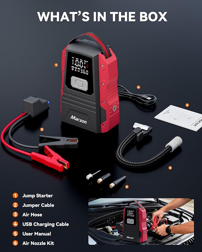 5000A Jump Starter with Air Compressor - Portable 12V Jump Box Battery Pack for 9.0L Gas/8.0L Diesel Engines, Car Jumper Starter Portable with 150PSI Tire Inflator, LED Screen, Fold-Up LED Flashlight