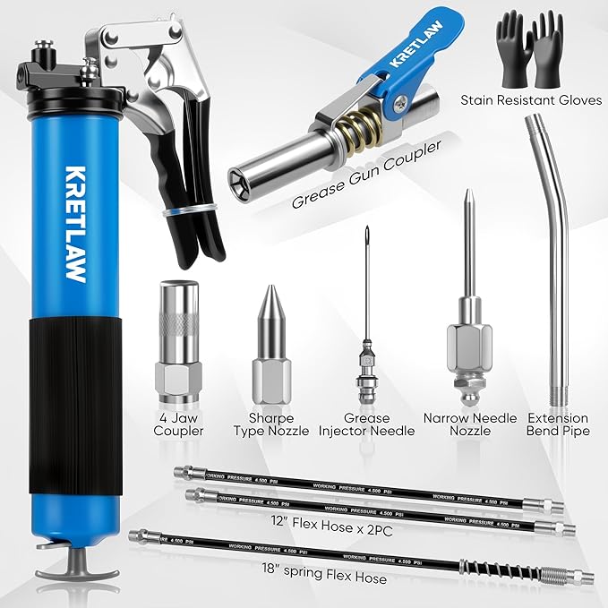 KRETLAW Grease Gun, 7000 PSI Heavy Duty Professional Pistol Grip Grease Gun Kit 14 OZ with Coupler, Double Grease Injector Needles, 18" & 2pc 12" Flex Hoses and Reinforced Glove