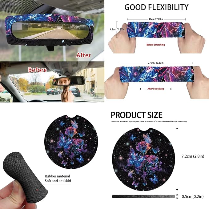 15 Pcs Rose Butterfly Car Seat Cover Full Set for Women with Car Steering Wheel Cover Seat Belt Cover Trash Bin Front Rear View Mirror Car Cup Holder Keychain