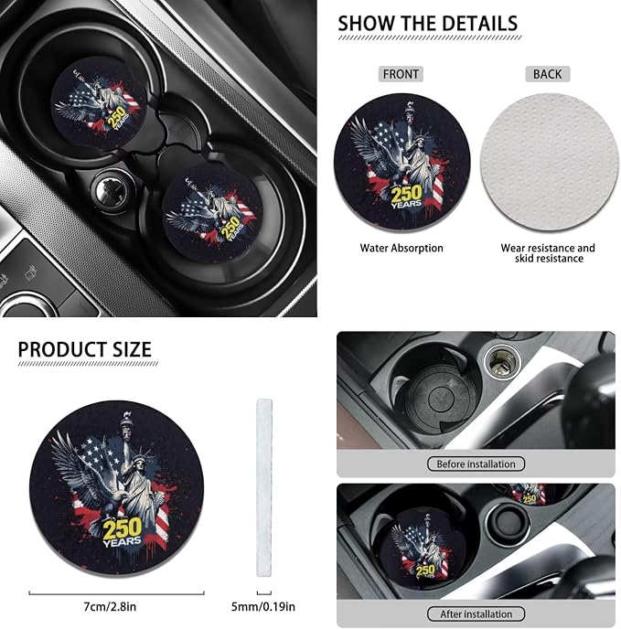 Wanyint Car Seat Cover Full Set 12 PCS, with Steering Wheel Seat Belt Cover Armrest Pad Coasters Handbrake Gear Shift Knob Set 4th of July US 250th Anniversary Auto Decor, Statue of Liberty Eagle