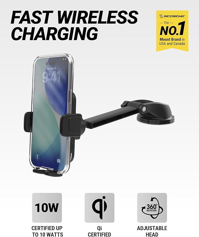 Scosche Wireless Car Charger Mount, Auto-Clamping Car Phone Holder Charger for Dashboard/Windshield with Adjustable Arm, 360° Rotation, Compatible with iPhone, Samsung, and More Android Phones