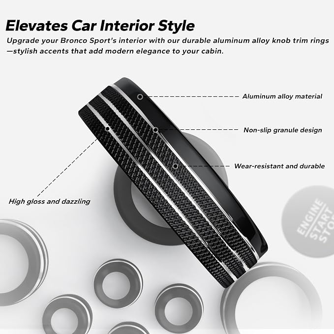 for 2025-2026 Ford Bronco Sport Accessories (Not for Bronco) 9PCS Aluminum Alloy Knob Cover Trim Set for Push Start, Volume, Air Vent Tabs, Headlight & Gear Shift Knob (Black)