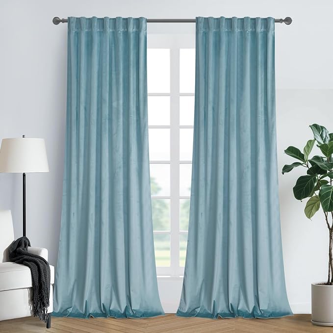 Roslynwood Luxury Soft Eggshell Blue Velvet Curtains 108 inches Long Back Tab Thermal Insulated Blackout Window Drapes for Living Room/Bedroom/Dining Room, W52 x L108, 2 Panels