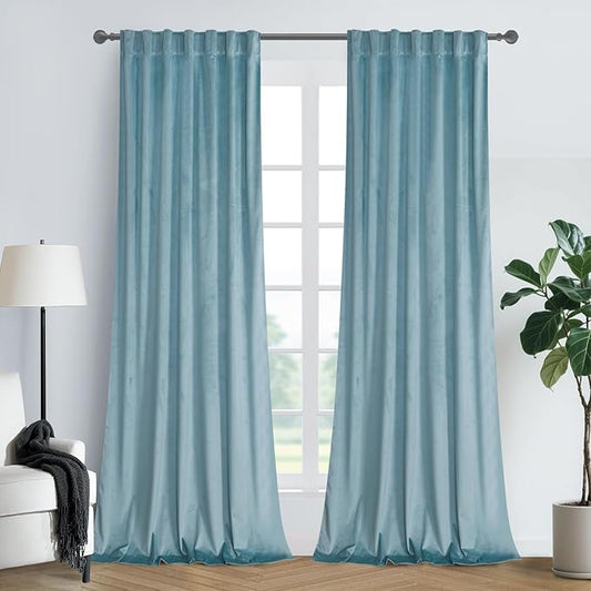 Roslynwood Luxury Soft Eggshell Blue Velvet Curtains 72 inches Long Back Tab Thermal Insulated Blackout Window Drapes for Living Room/Bedroom/Dining Room, W52 x L72, 2 Panels