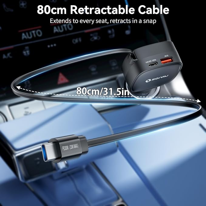 Retractable Fast Car Charger, 84W Max USB C Car Phone Charger Fast Charging, Cigarette Lighter Adapter with Built-in Retractable 31.5 inch Cable for iPhone15/16/17, Samsung, Android