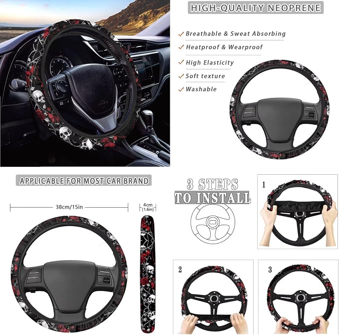 Skull Rose Pattern 10 Pcs Car Seat Covers Full Set Breathable Auto Seat Protector + Steering Wheel Cover + Air Vent Storage Bag + Trash Can + Coaster + Keychain
