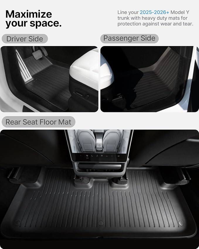 4 Pcs Floor Mats for Tesla Model Y Juniper Accessories 2025 2026 (Standard/Premium/Performance) 5-Seater, All Weather Custom Fit TPE Trunk Mats Cargo Liner Anti-Slip