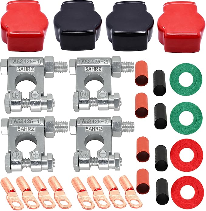 DLronwey Battery Terminal Connectors,Military Spec Positive Negative Heavy Duty Battery Terminals with 8 pcs 2 Gauge 3/8" Copper Lugs,8 Heatshrink,4 Cover and Anti Corrosion Washers