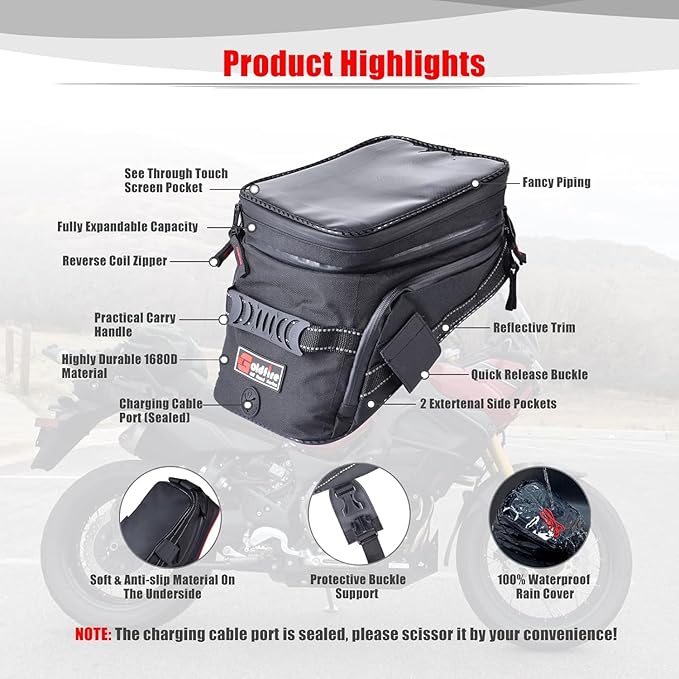 Goldfire Motorcycle Tank Bag Storage Bags Expandable ADV Gas Oil Fuel Tank Saddle Bag with Strong Strap Mount Water Resistant (Blue Piping)