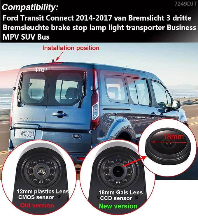 HD 1280x720pixel 1000Lines Third Brake Light Backup Camera Brake lamp Parking Camera Vehicle Rear View Camera+4.3" inch TFT LCD Monitor Transporter Replacement for Ford Transit Connect 2014-2017