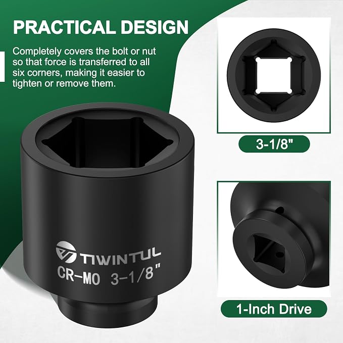 3-1/8" Impact Socket 1" Drive, Deep 6 Point CR-MO Heavy Duty Socket, Single Axle Nut Socket for Semi-Truck, Construction, Oilfield & Wind Power Maintenance, ANSI Certified