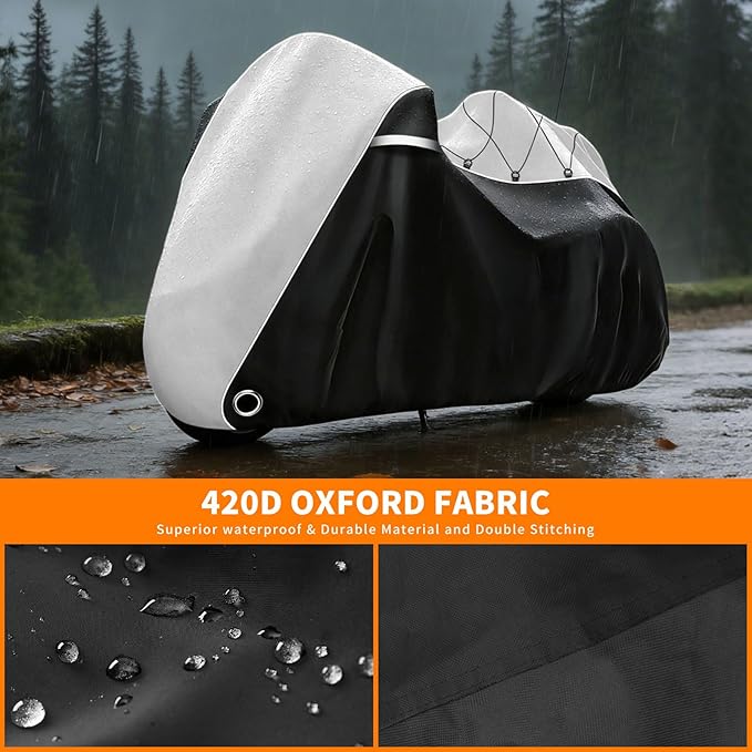 COVERVIN Motorcycle Cover with Side+Top Box Heavy Duty 420D Waterproof for Harley Davidson Ultra Ltd, Road Glide Ltd, Honda Gold Wing, Road Master, Indian, Indoor & Outdoor Storage (Black&Silver)