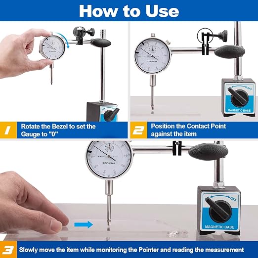 Spurtar Dial Indicator with Magnetic Base 0-1'' Dial Test Indicator 0.001'' Precision Dial Indicator Adjustable Long Arm Magnetic Dial Indicator for Accurate Alignment, Measurement, and Inspection