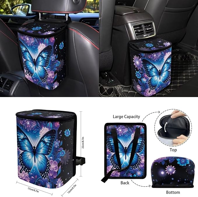 Blue Butterfly 15Pcs Car Seat Cover Full Set Car Steering Wheel Cover Seat Belt Cover Trash Bin Front Rear View Mirror Car Cup Holder Keychain